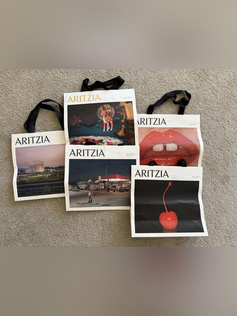 Aritzia Graphic Tote Bag Set - White with Black Handles and Multicolor Prints